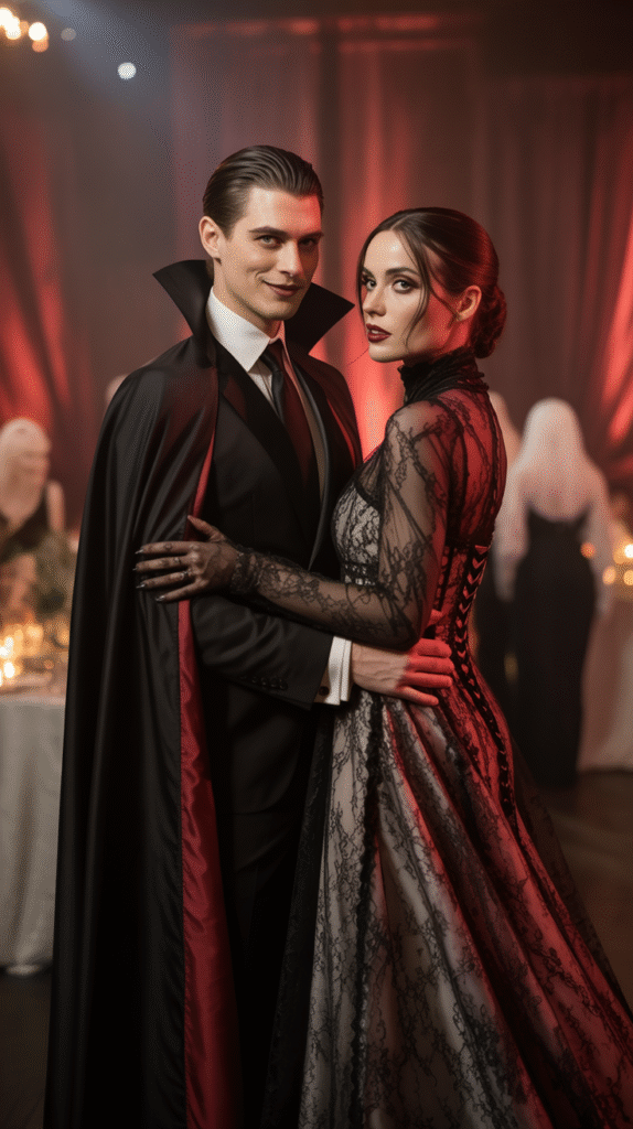 Couple dressed as Dracula and his gothic bride at a dark and romantic Halloween wedding.