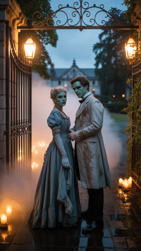 Ghostly Victorian bride and groom at a Halloween wedding with fog and moody lighting.