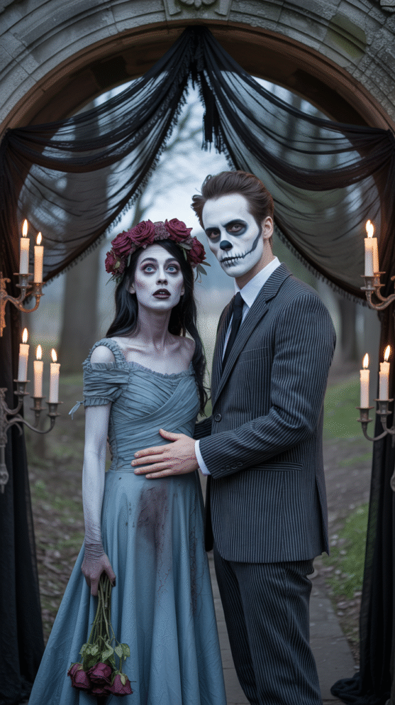 Couple dressed as a corpse bride and groom at a gothic Halloween wedding with candles and dark florals.