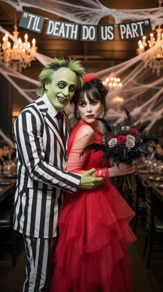 Couple in Beetlejuice and Lydia costumes posing at a Halloween wedding with gothic décor and chandeliers.