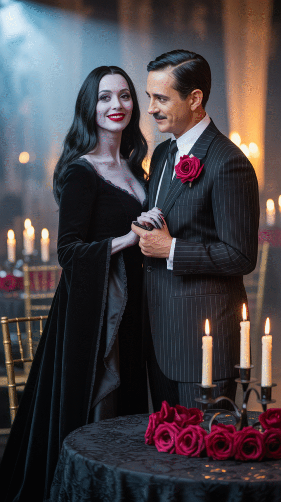 Couple at a Halloween wedding dressed as Morticia and Gomez Addams with gothic outfits and candlelit décor.