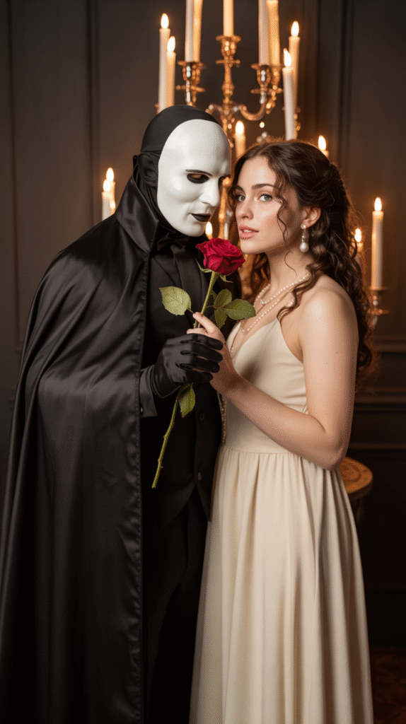 Couple dressed as Phantom of the Opera and Christine at a Halloween wedding with dramatic gothic décor.