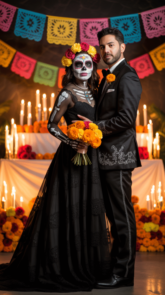 Couple in Day of the Dead-inspired costumes with sugar skull makeup at a Halloween wedding reception.