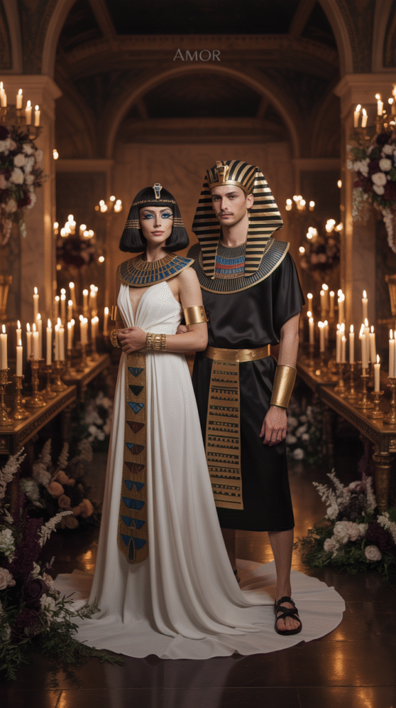 Elegant wedding guest couple dressed as an Egyptian king and queen at a Halloween wedding, with the woman in a Cleopatra-inspired white gown with gold accessories and the man in a black and gold Pharaoh costume, posing in a dramatic gothic reception hall with candlelit décor.