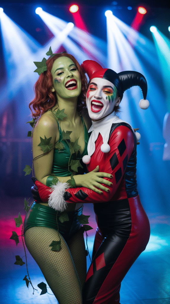 Poison Ivy wrapped in shimmering green leaves and red curls, her partner rocks Harley’s red-and-black jester aesthetic with playful makeup. The two of them light up the dance floor with their energy.