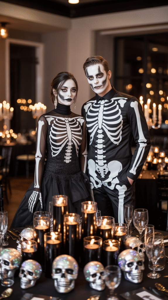 Skeleton bride and groom couple costume at a Halloween wedding with gothic table settings.