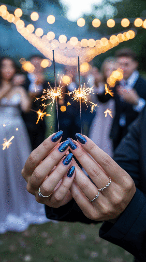 Midnight blue holographic nails sparkling during a Halloween wedding send-off.