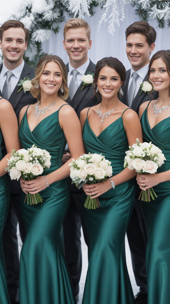 Bridesmaids in forest green with white bouquets and silver accents at a Christmas wedding.