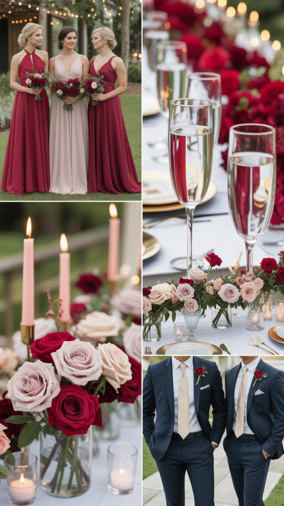 Wedding inspiration with crimson and blush dresses, champagne décor, roses, and navy suits.