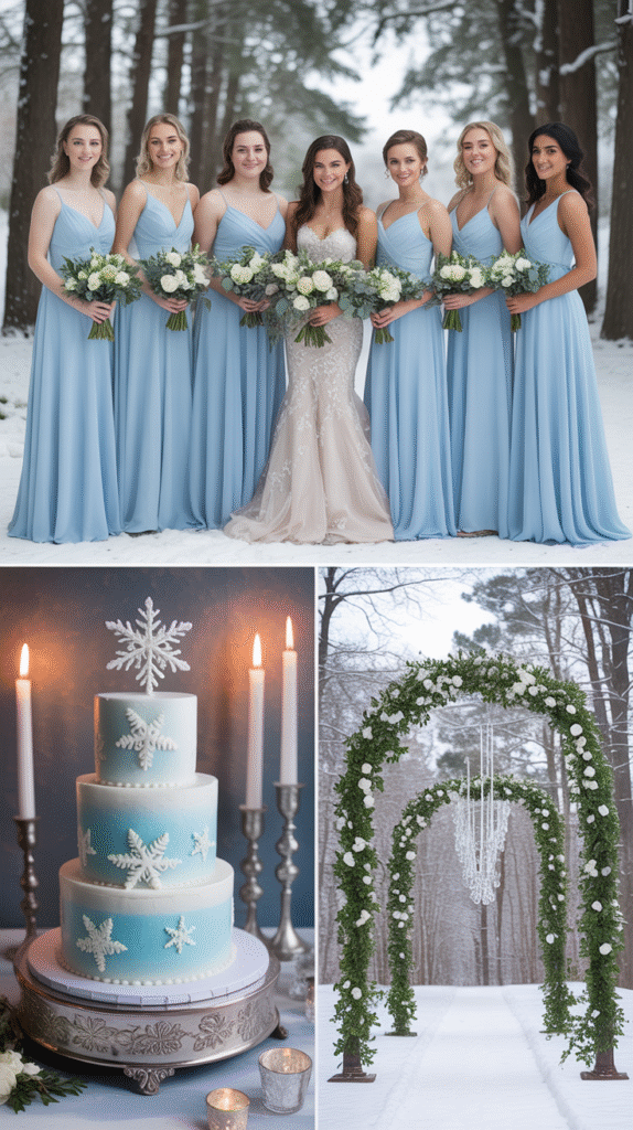 Wedding inspiration board with icy blue gowns, silver accents, frosted cake, and snowy florals.