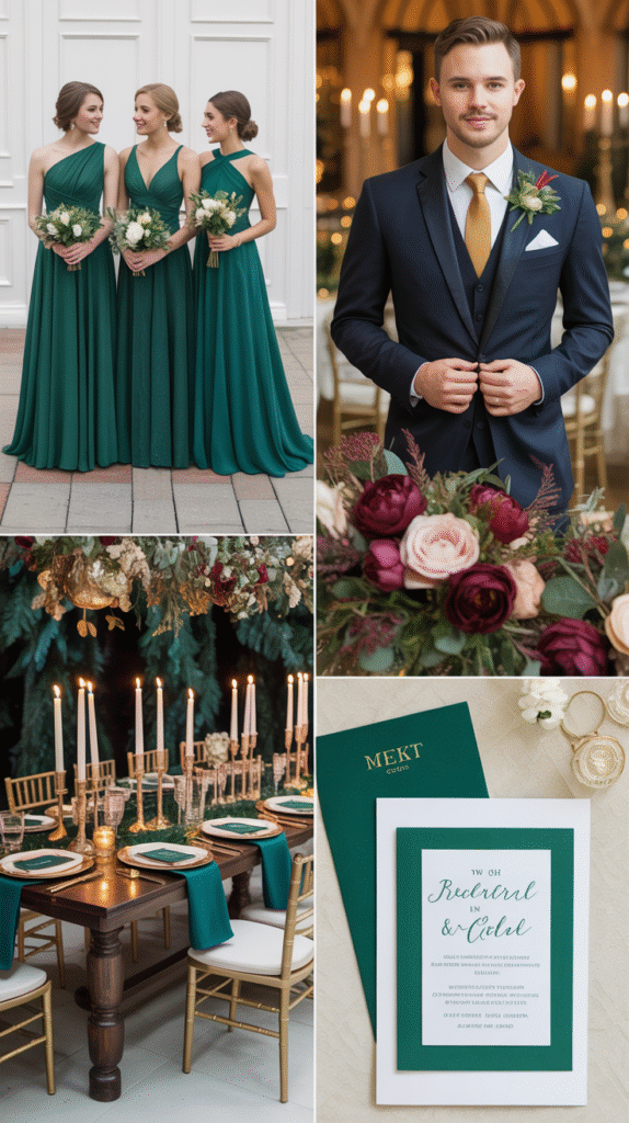 Collage of emerald gowns, navy suits, gold accents, and jewel-toned wedding décor.