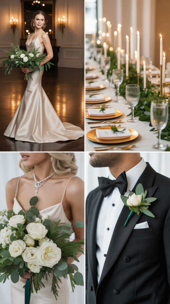 Wedding collage featuring champagne gowns, ivory flowers, emerald greenery, and gold accents.