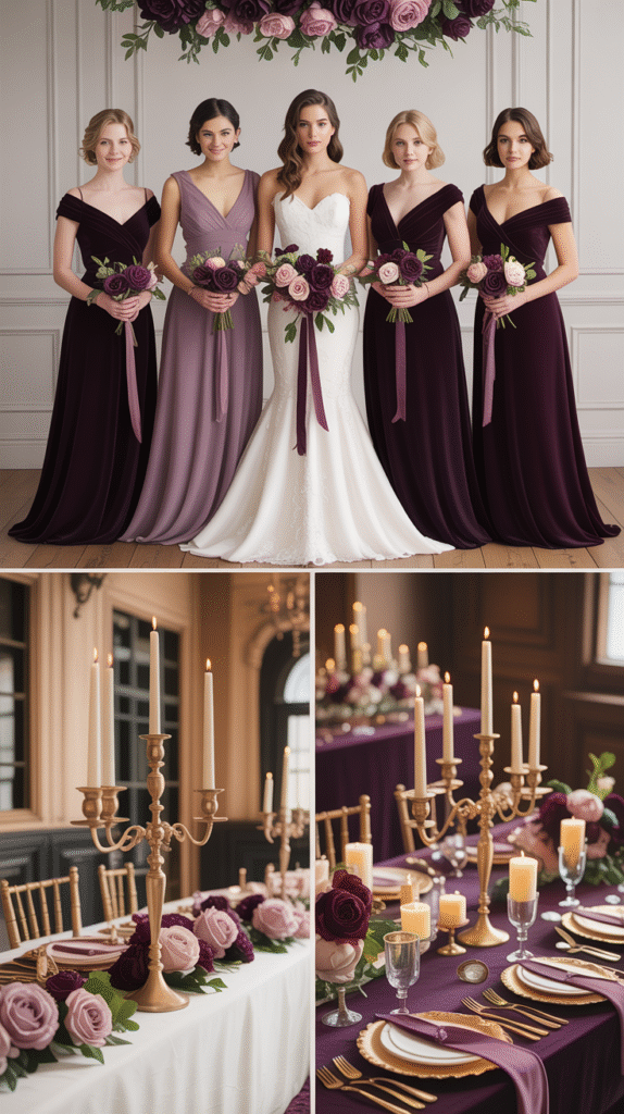 Collage of plum and mauve dresses, antique gold décor, velvet ribbons, and roses