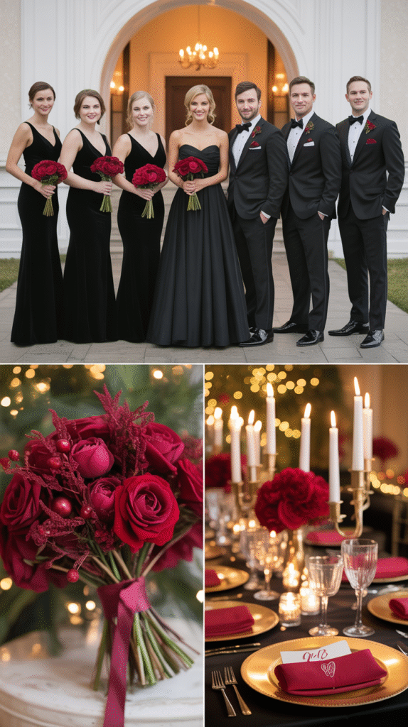 Wedding inspiration board with black gowns, ruby florals, gold table décor, and tuxedos.