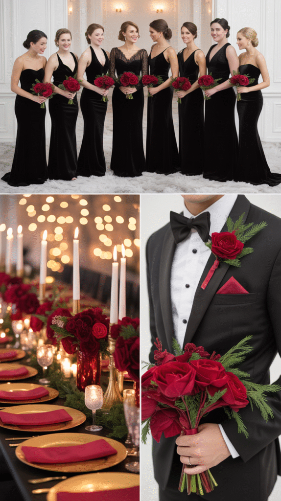 Wedding inspiration board with black gowns, ruby florals, gold table décor, and tuxedos.