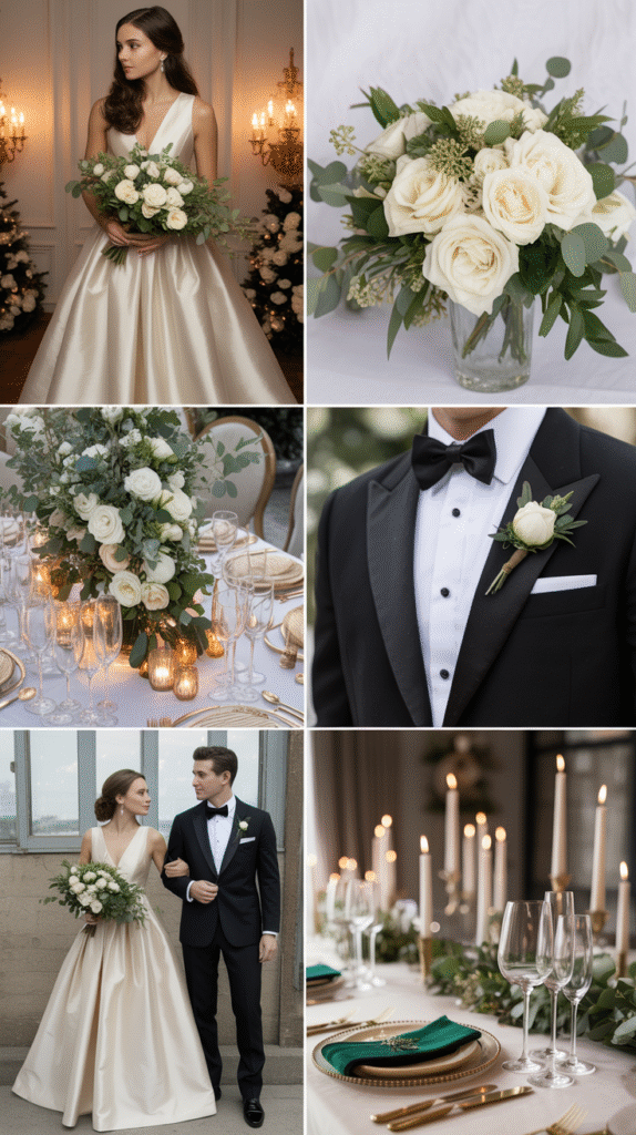 Wedding collage featuring champagne gowns, ivory flowers, emerald greenery, and gold accents.
