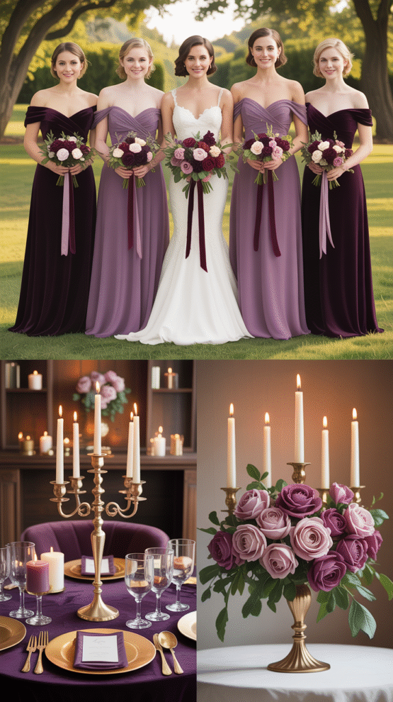 Collage of plum and mauve dresses, antique gold décor, velvet ribbons, and roses