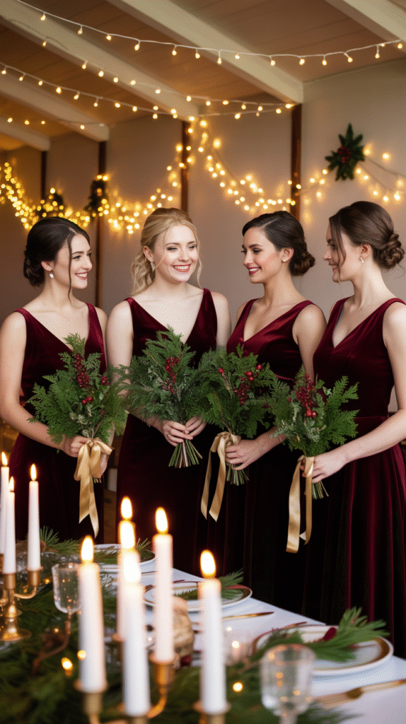 Bridesmaids in burgundy velvet with evergreen bouquets and gold accents at a winter wedding.