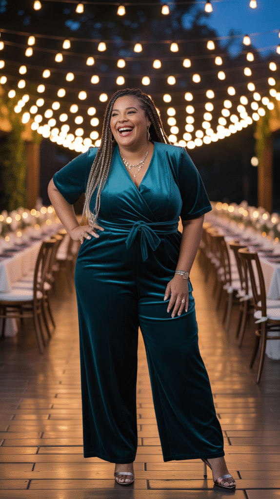 Plus-size woman in teal velvet jumpsuit dancing under fairy lights at Christmas wedding.