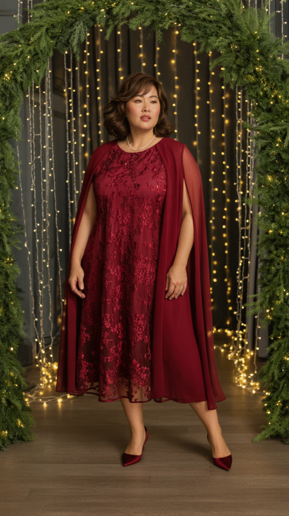 Plus-size mother of the bride in crimson embroidered midi dress with cape overlay at winter ceremony.