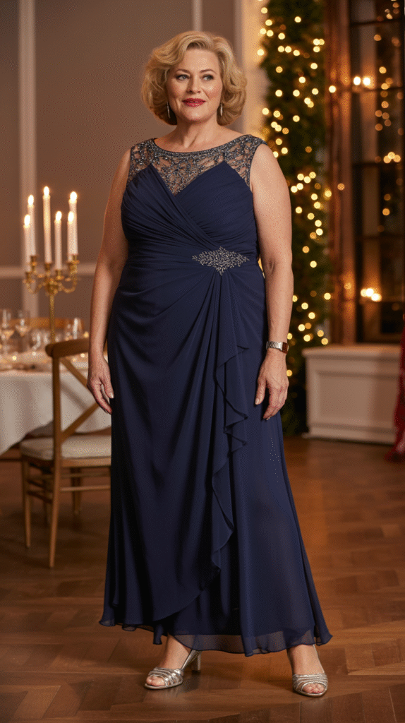 Plus-size mother of the groom in navy chiffon gown with beaded neckline in festive ballroom.