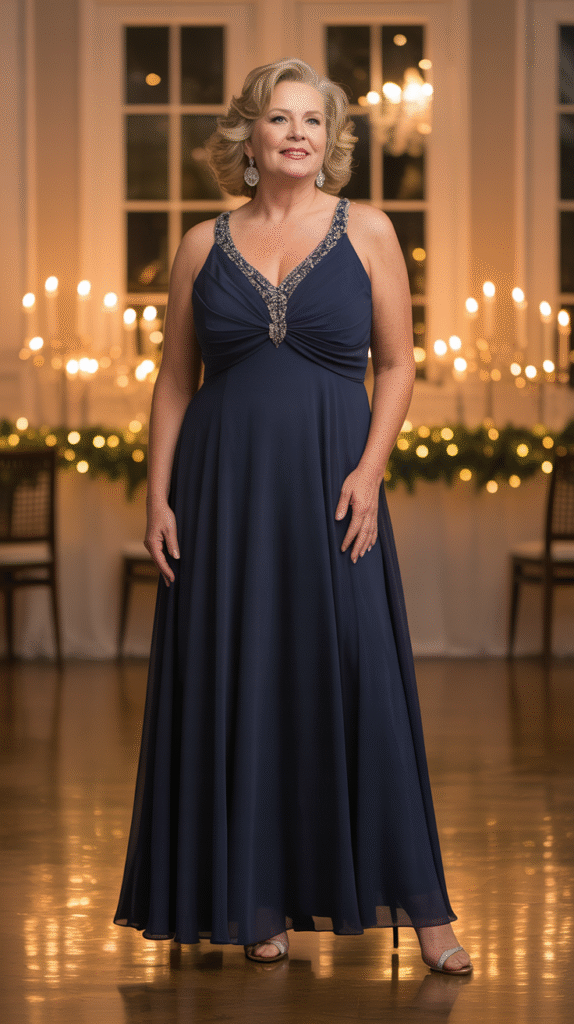 Plus-size mother of the groom in navy chiffon gown with beaded neckline in festive ballroom.