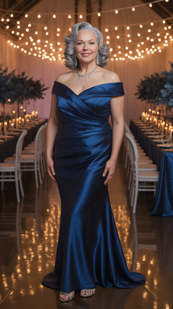 Mature plus-size woman in midnight blue off-shoulder satin dress at a festive winter wedding.