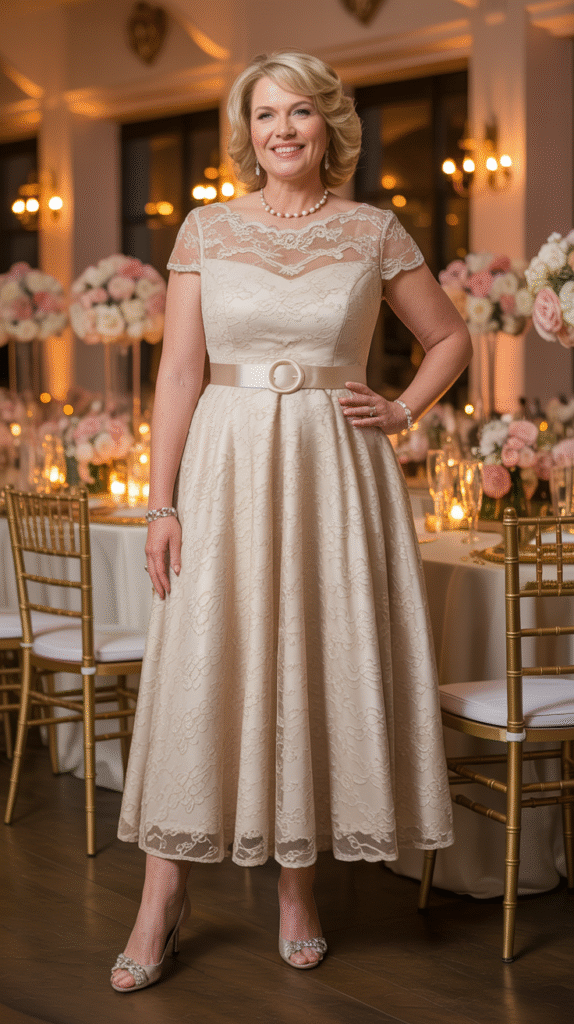 Elegant plus-size mother of the bride in a champagne lace dress smiling at a Christmas wedding reception.