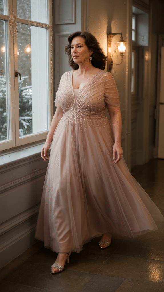 Plus-size mother of the bride in a blush tulle gown with beaded bodice walking through softly lit winter venue.