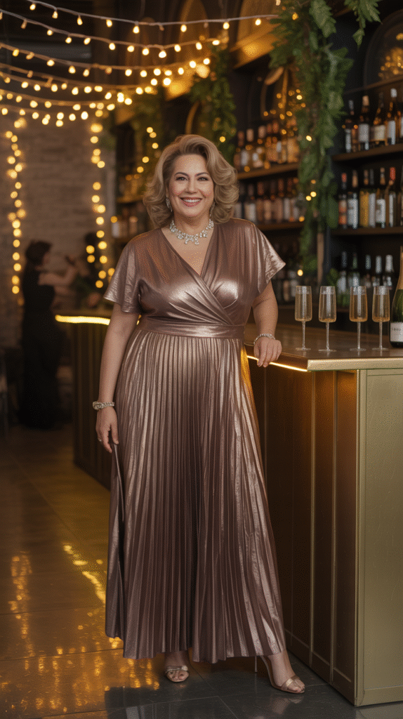 Plus-size mother of the groom in bronze pleated metallic gown raising a glass at winter wedding.