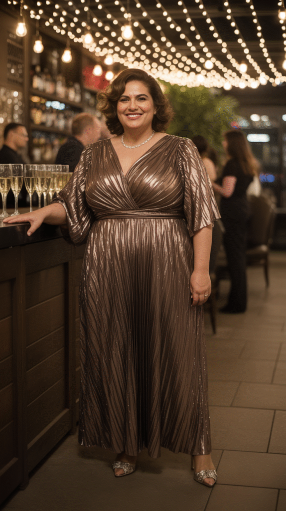 Plus-size mother of the groom in bronze pleated metallic gown raising a glass at winter wedding.