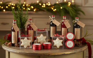 Elegant Christmas wedding favors displayed upright on a wooden table with mulled wine bottles, cookies, ornaments, and candles surrounded by pine garlands and glowing fairy lights.