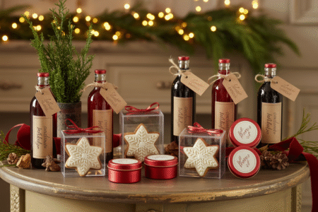 Elegant Christmas wedding favors displayed upright on a wooden table with mulled wine bottles, cookies, ornaments, and candles surrounded by pine garlands and glowing fairy lights.