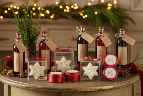 Elegant Christmas wedding favors displayed upright on a wooden table with mulled wine bottles, cookies, ornaments, and candles surrounded by pine garlands and glowing fairy lights.