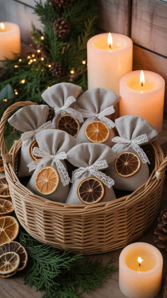 Winter scent sachets filled with festive spices wrapped in lace as elegant wedding favors.