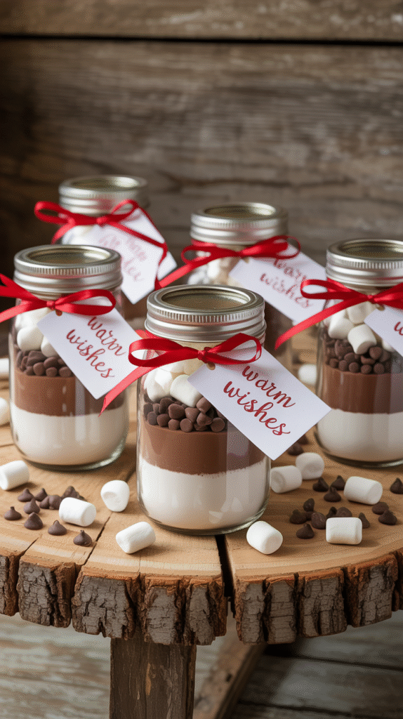 Mini jars filled with cocoa mix and marshmallows tied with ribbons as Christmas wedding favors.