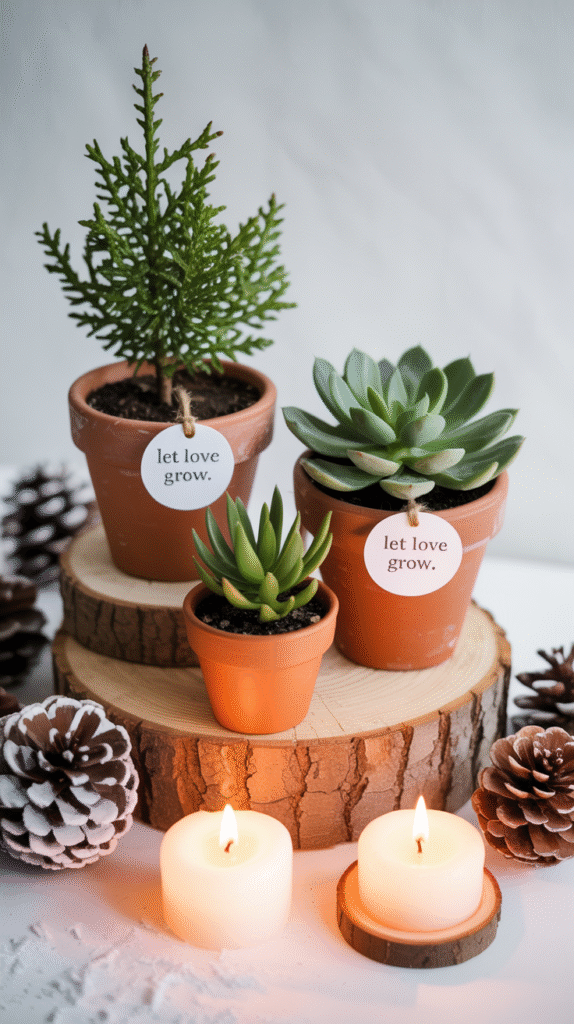 Mini evergreen plants in terracotta pots with “Let Love Grow” tags displayed as eco-friendly wedding favors.