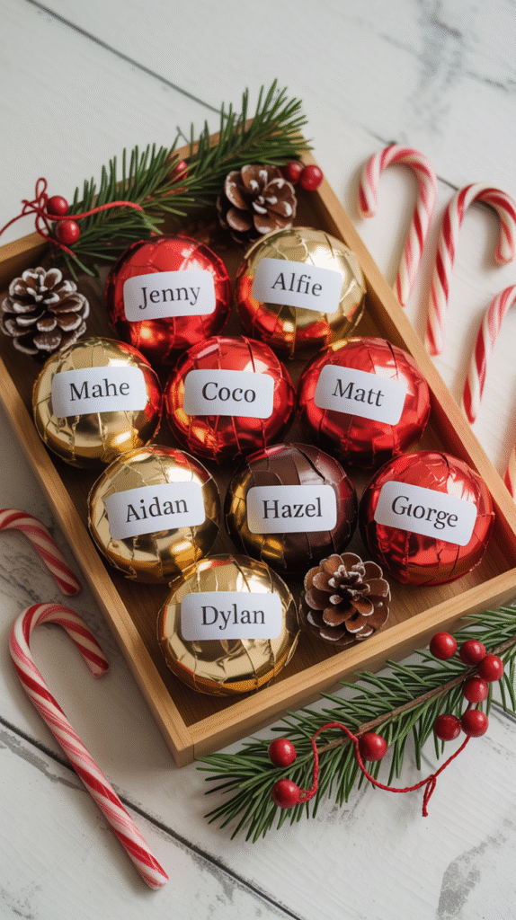 Hot cocoa bombs wrapped in festive foil with personalized tags as Christmas wedding favors.