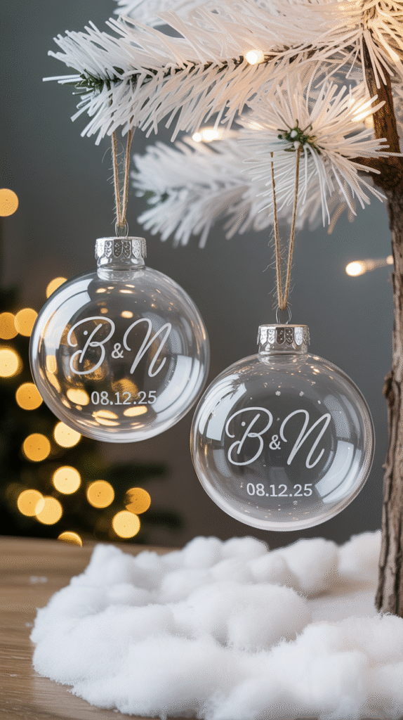 Personalized Christmas ornaments etched with names and dates used as wedding favors.