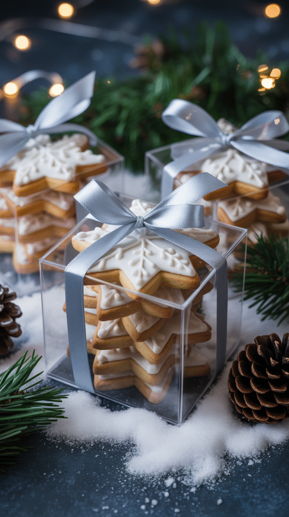 Snowflake-shaped cookies in clear gift boxes with silver ribbon displayed as elegant winter wedding favors.