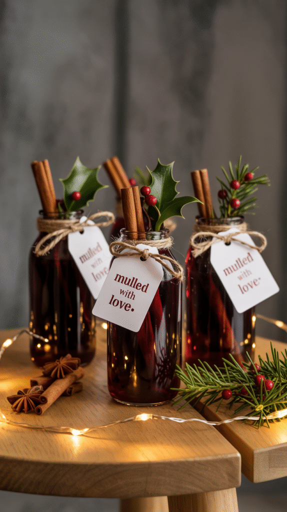 Mini bottles of mulled wine decorated with cinnamon sticks and tags as cozy Christmas wedding favors.