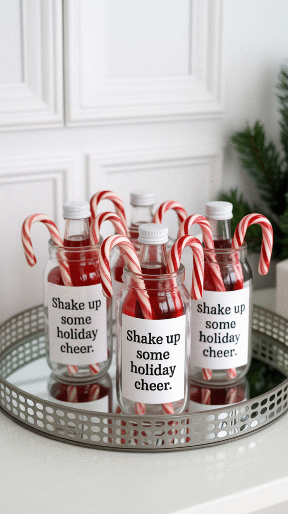 Peppermint martini kits in clear jars with candy canes and festive labels as fun cocktail wedding favors.