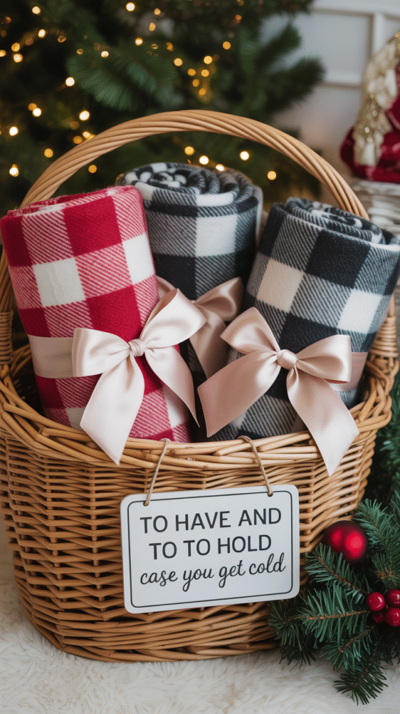 Cozy plaid blanket wraps rolled and tied with bows as warm winter wedding favors.