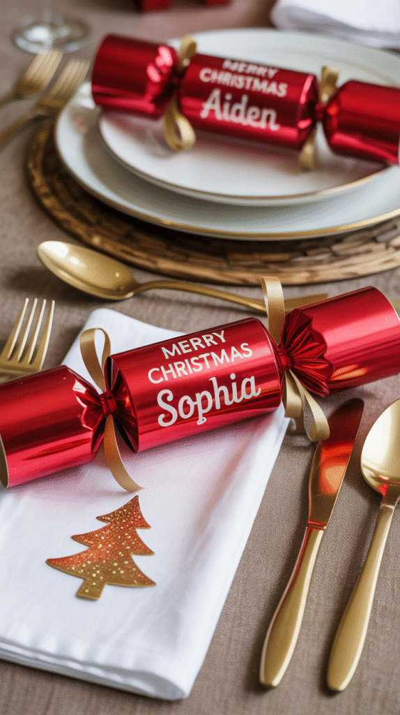 Mini Christmas crackers in red and gold as playful and festive wedding favors.