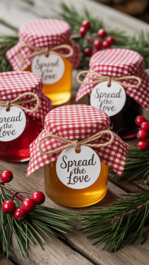Mini honey and jam jars decorated with twine and tags used as festive wedding favors.