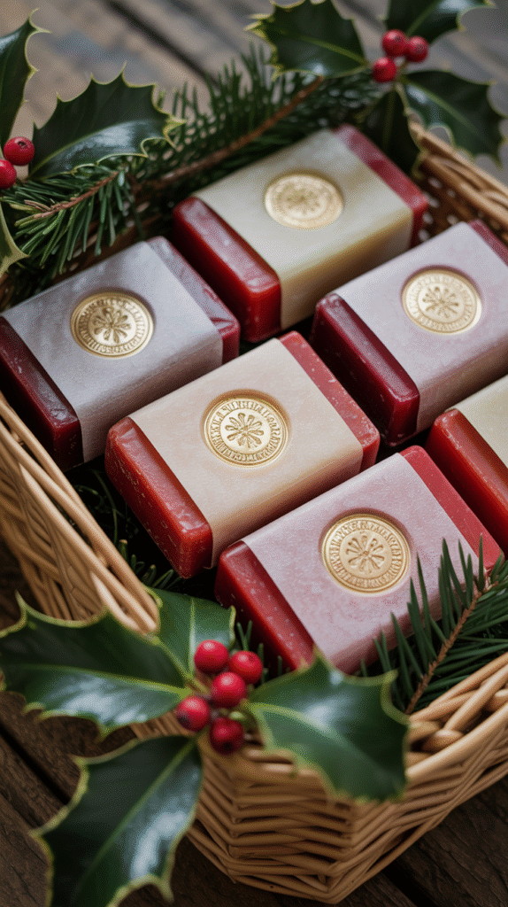 Handcrafted soap bars with gold seals and holiday wrapping as luxurious winter wedding favors.