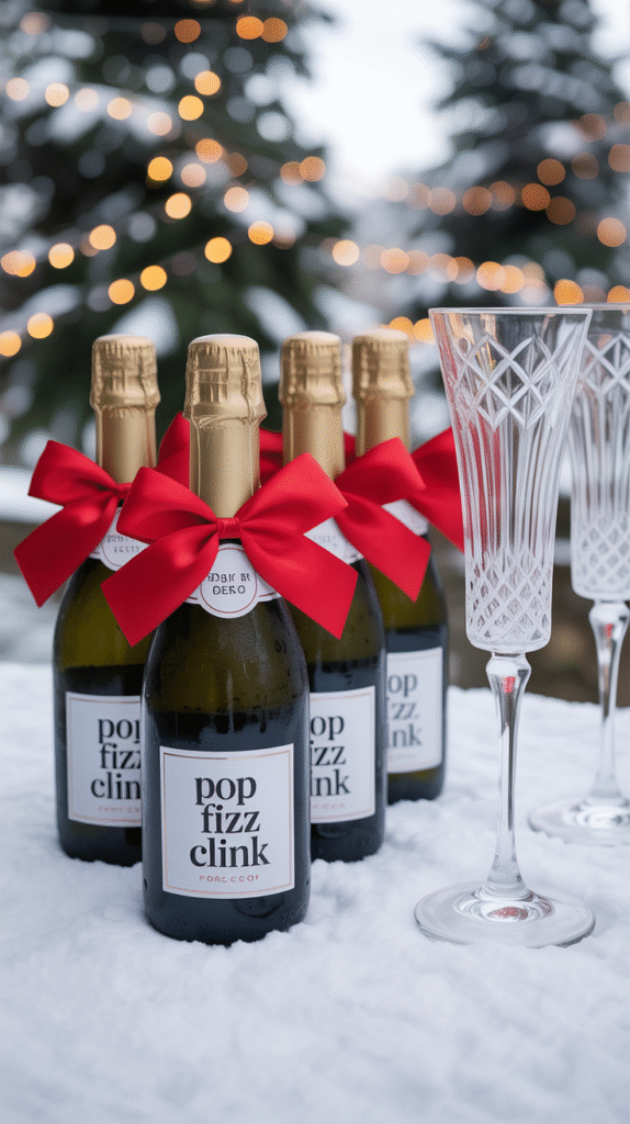 Mini bottles of prosecco with festive ribbons used as holiday wedding guest favors.