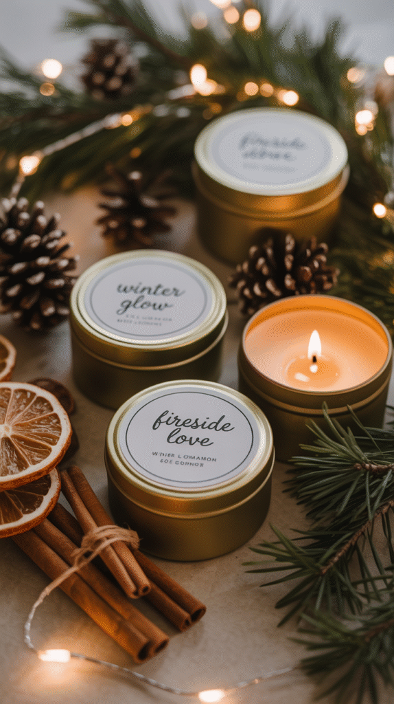 Winter-scented candle tins in gold packaging used as Christmas wedding favors.