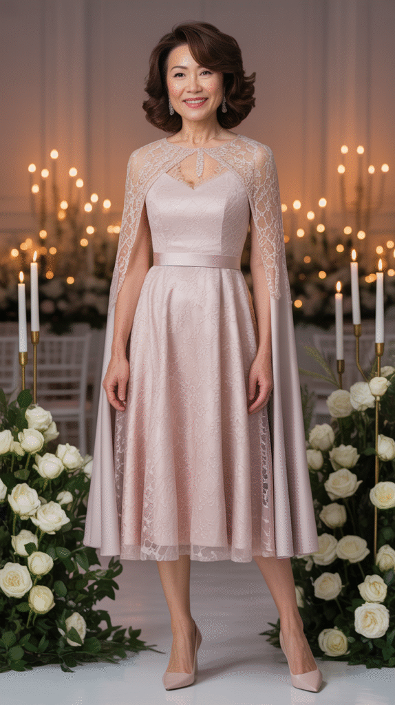 Mature woman over 50 in a blush lace midi dress with cape standing in a softly lit winter wedding venue.