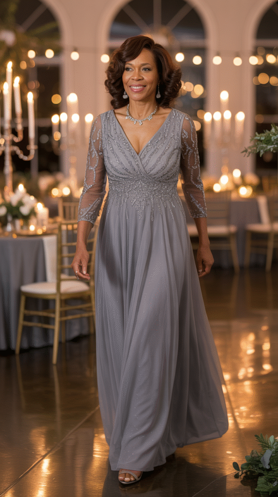 Mature woman over 50 in a pewter embellished maxi gown with sheer sleeves at a candlelit winter wedding.